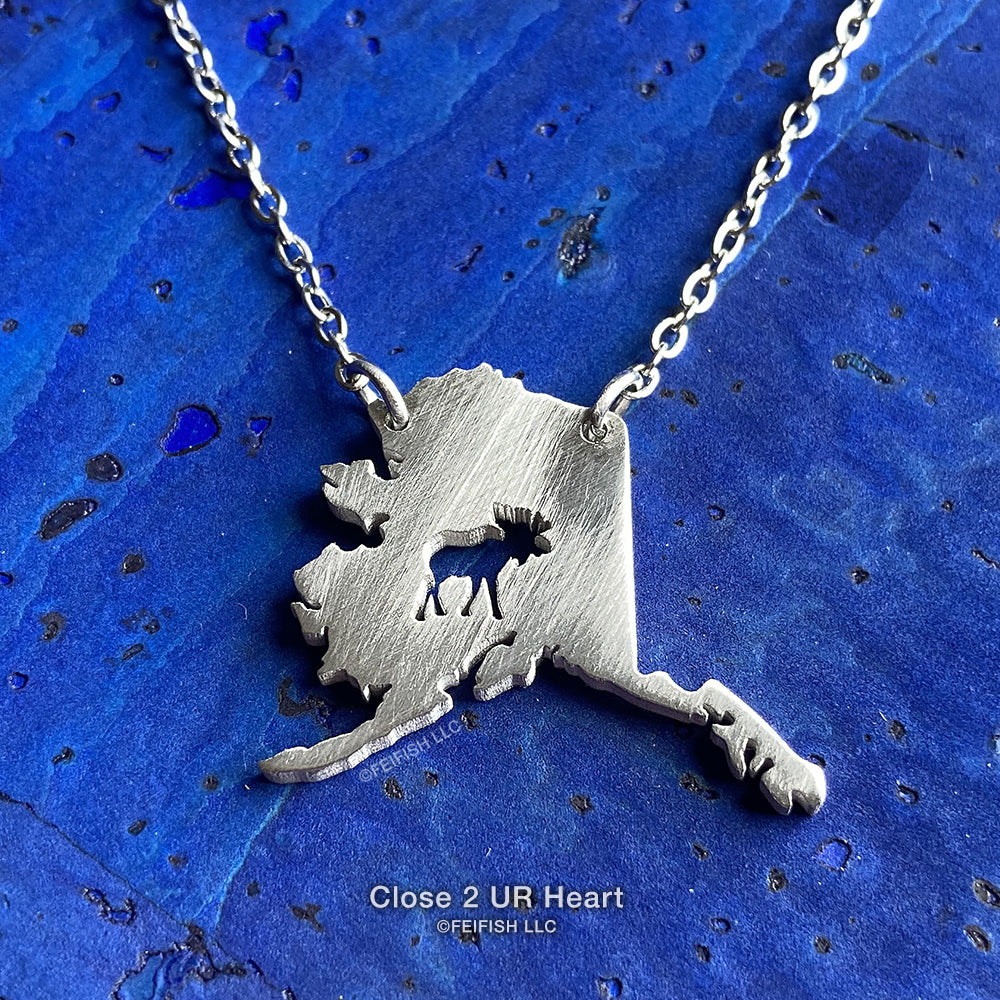 Alaska State Map Necklace with Moose