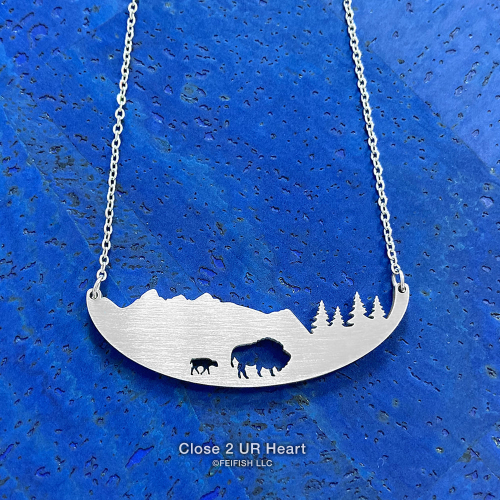 Bison in Mountains Necklace by Close 2 UR Heart