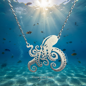 Stainless steel octopus pendant necklace underwater with sunlight filtering through