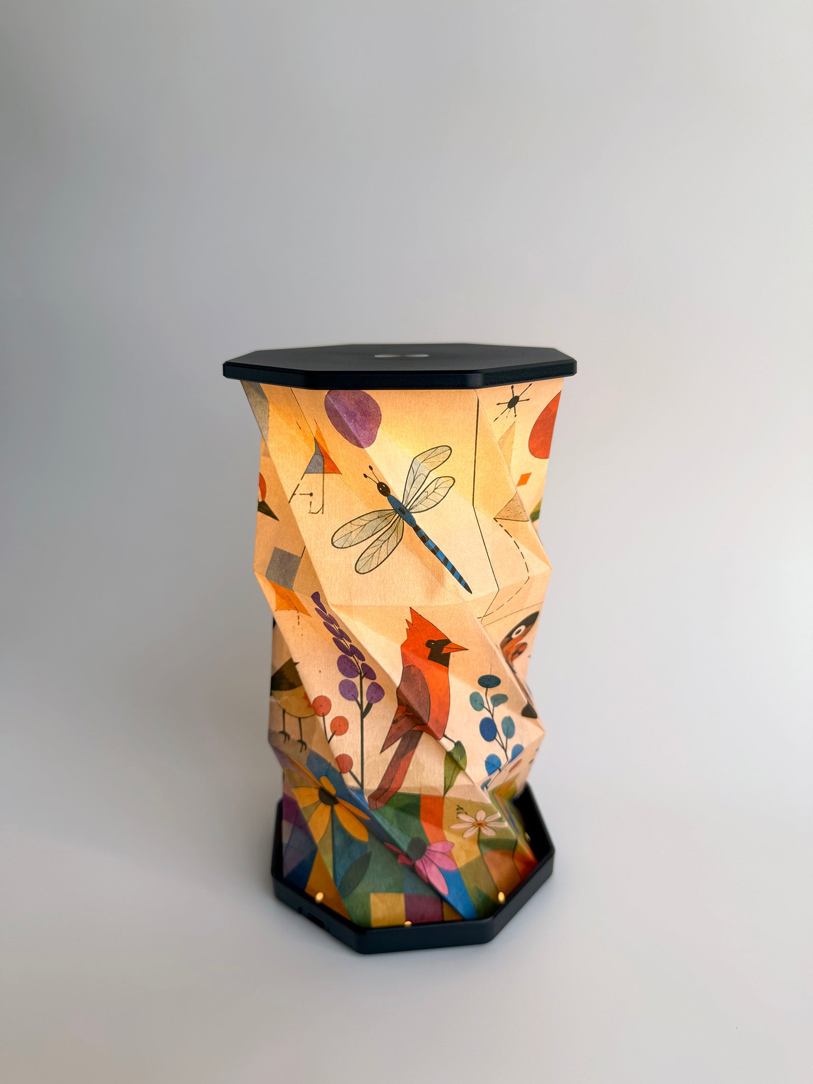 An octagonal-shaped lamp featuring a faceted, twist and pull design covered in an abstract, geometric art print. The print depicts a variety of birds and flowers in saturated colors with a dragonfly and small abstract shapes overhead, set against a dark charcoal-black base and top surface, photographed on a clean white studio background.