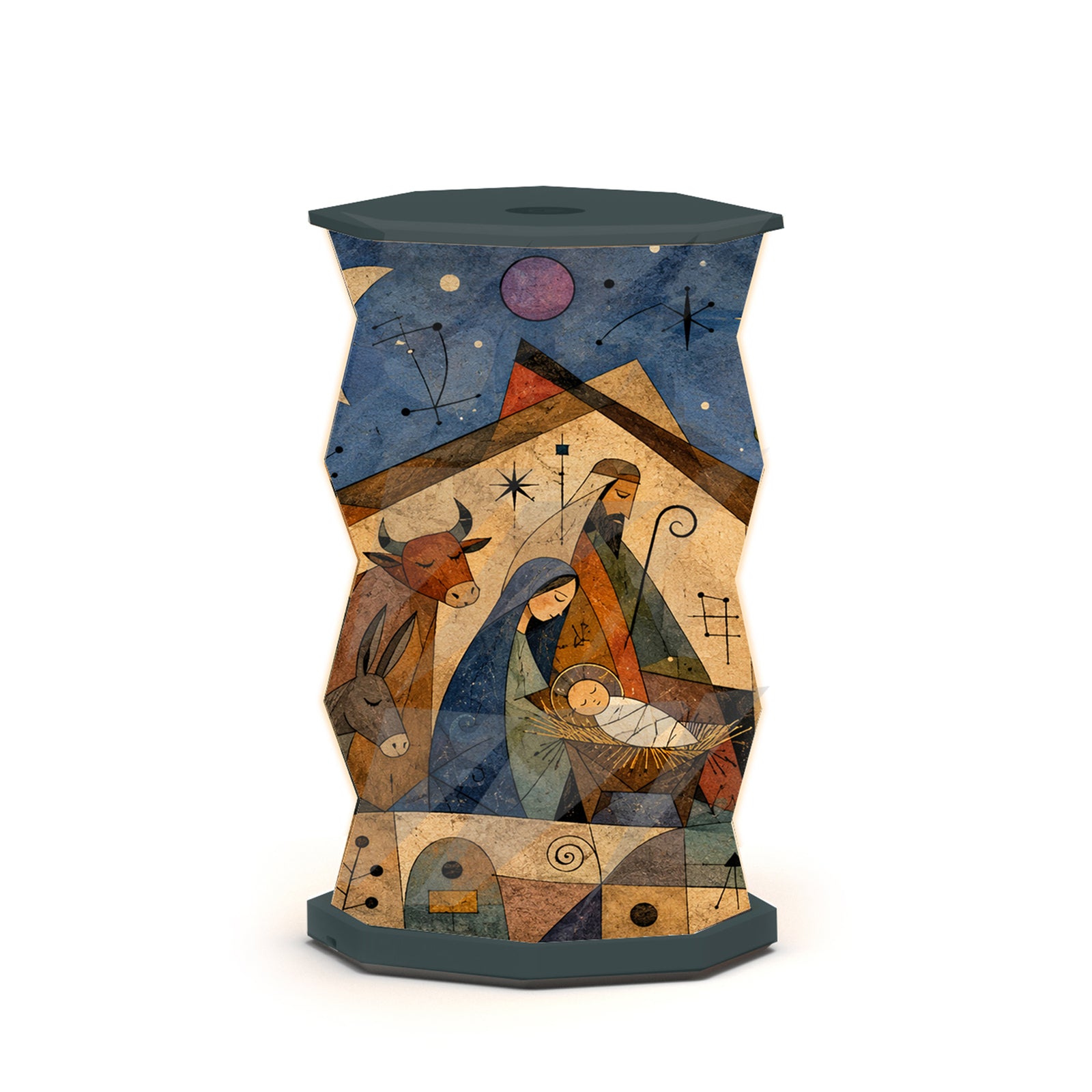 An octagonal-shaped lamp featuring a faceted, twist and pull design covered in an abstract, geometric art print. The print depicts Biblical figures of the Nativity scene and star-like motifs in warm earth tones of brown, beige, and orange, set against a dark charcoal-black base and top surface, photographed on a clean white studio background.