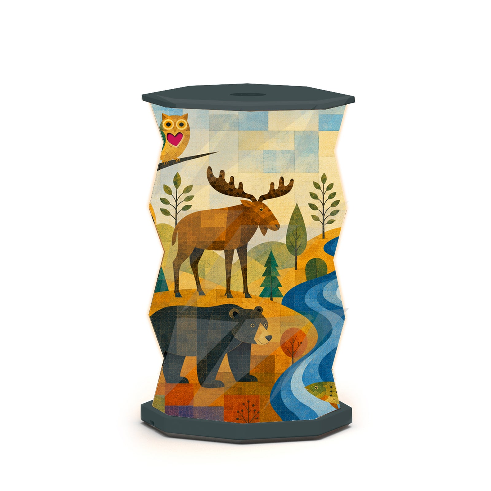 An octagonal-shaped lamp featuring a faceted, twist and pull design covered in an abstract, geometric art print. The print depicts an outdoor woodland scene with a variety of animals such as moose, bear, owl and fish in a stream, with small trees on rolling hills in warm earth tones of brown, beige, and orange, set against a dark charcoal-black base and top surface, photographed on a clean white studio background.