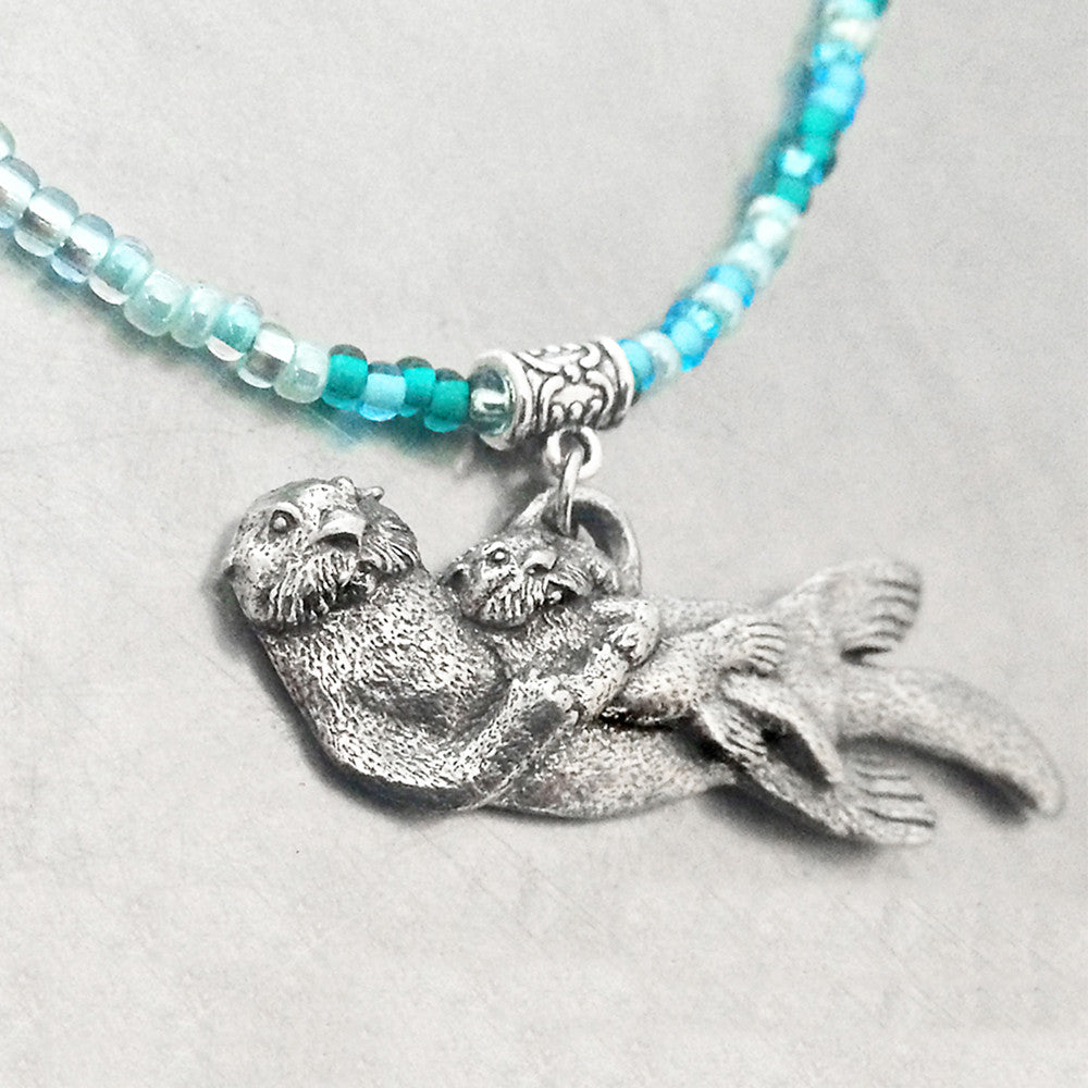 Aqua Sea Otter and Baby Necklace