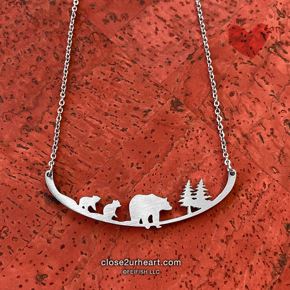Close 2 UR Heart Mother Bear and 2 Cubs Necklace