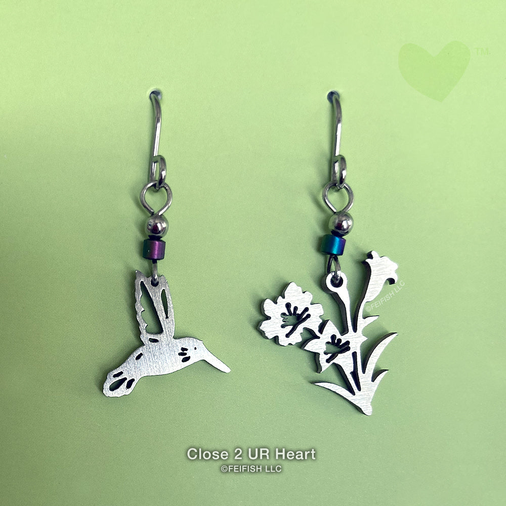 Hummingbird and Flowers Stainless Steel Earrings