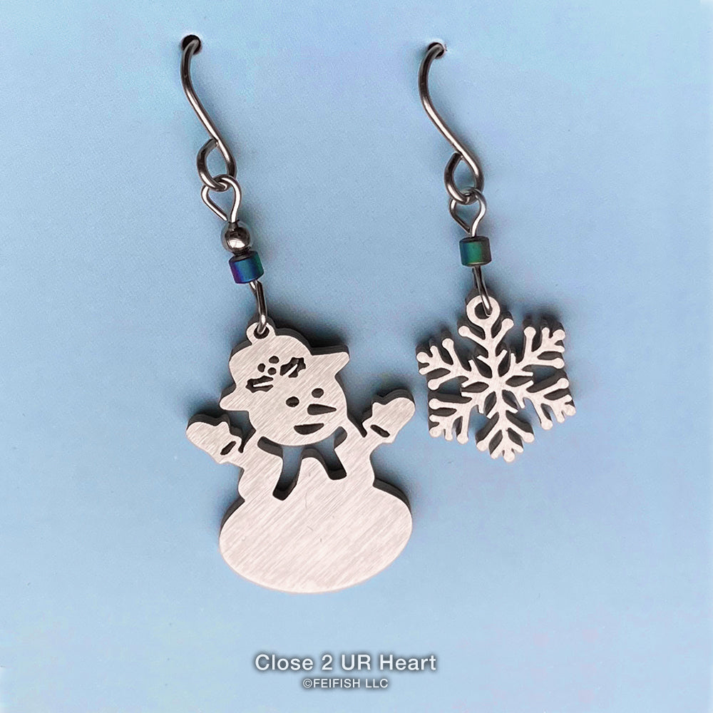 Close 2 UR Heart Snowman and Snowflake Stainless Steel Earrings