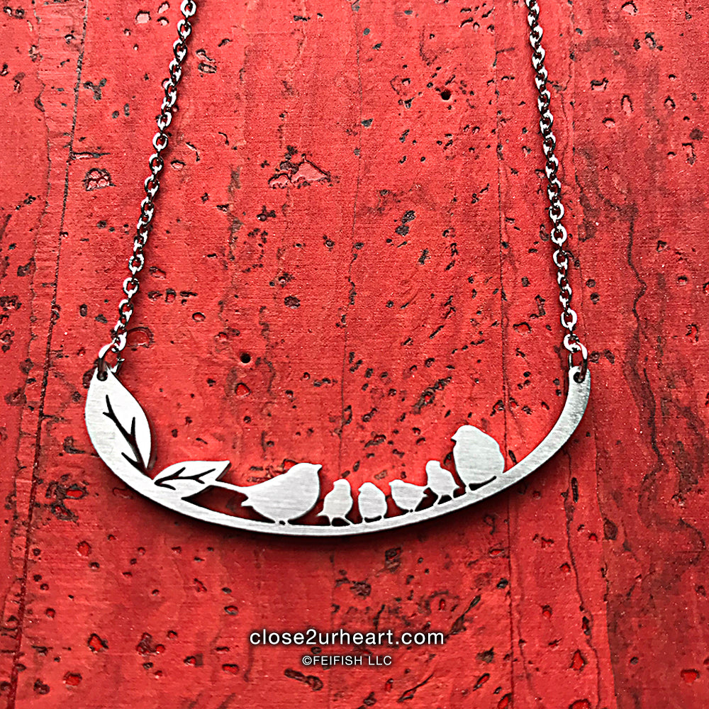 Close 2 UR Heart Birds with Four Chicks Necklace