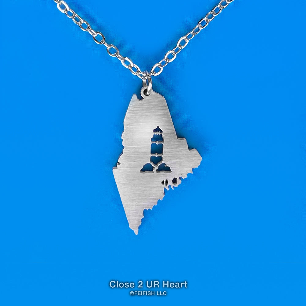 Maine Lighthouse State Map Necklace