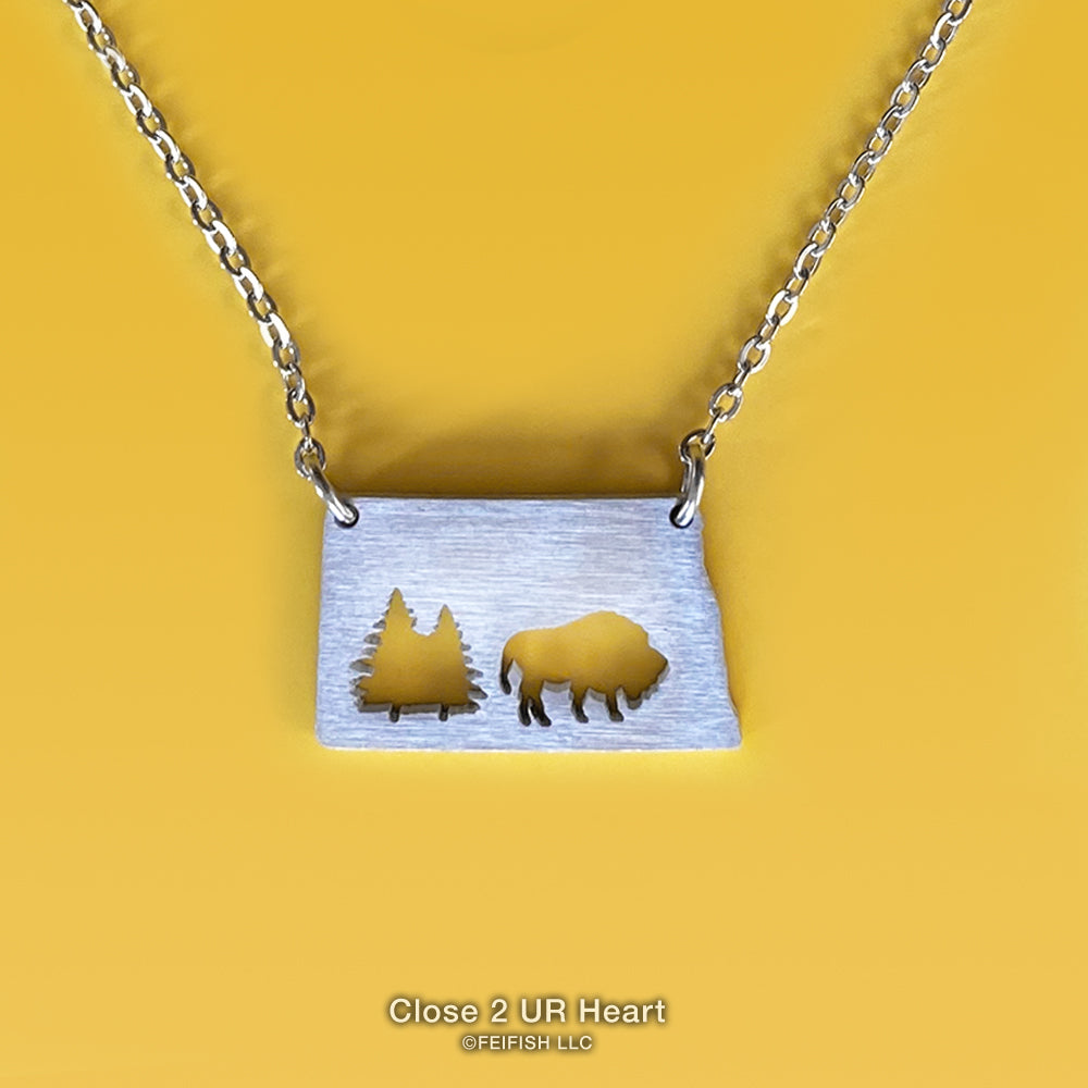 North Dakota State Necklace with Bison by Close 2 UR Heart