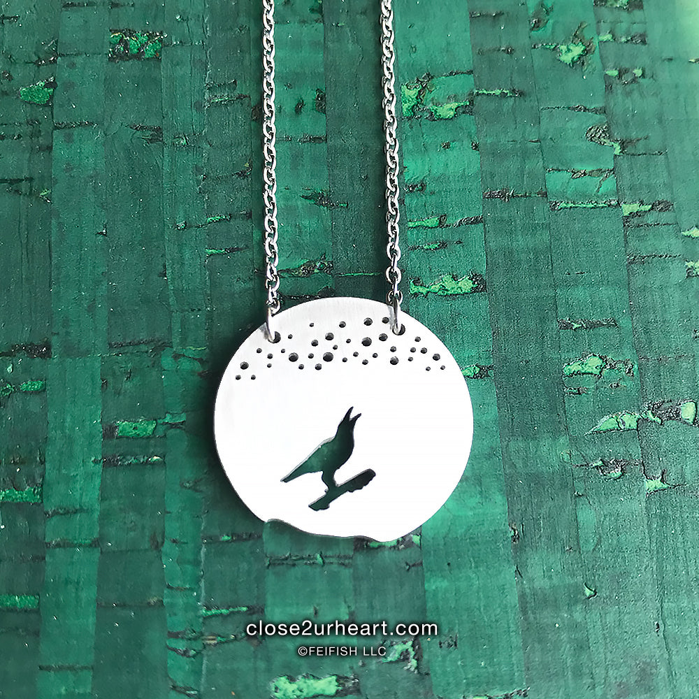 A circular stainless steel necklace pendant featuring a perched Raven under a starry sky.